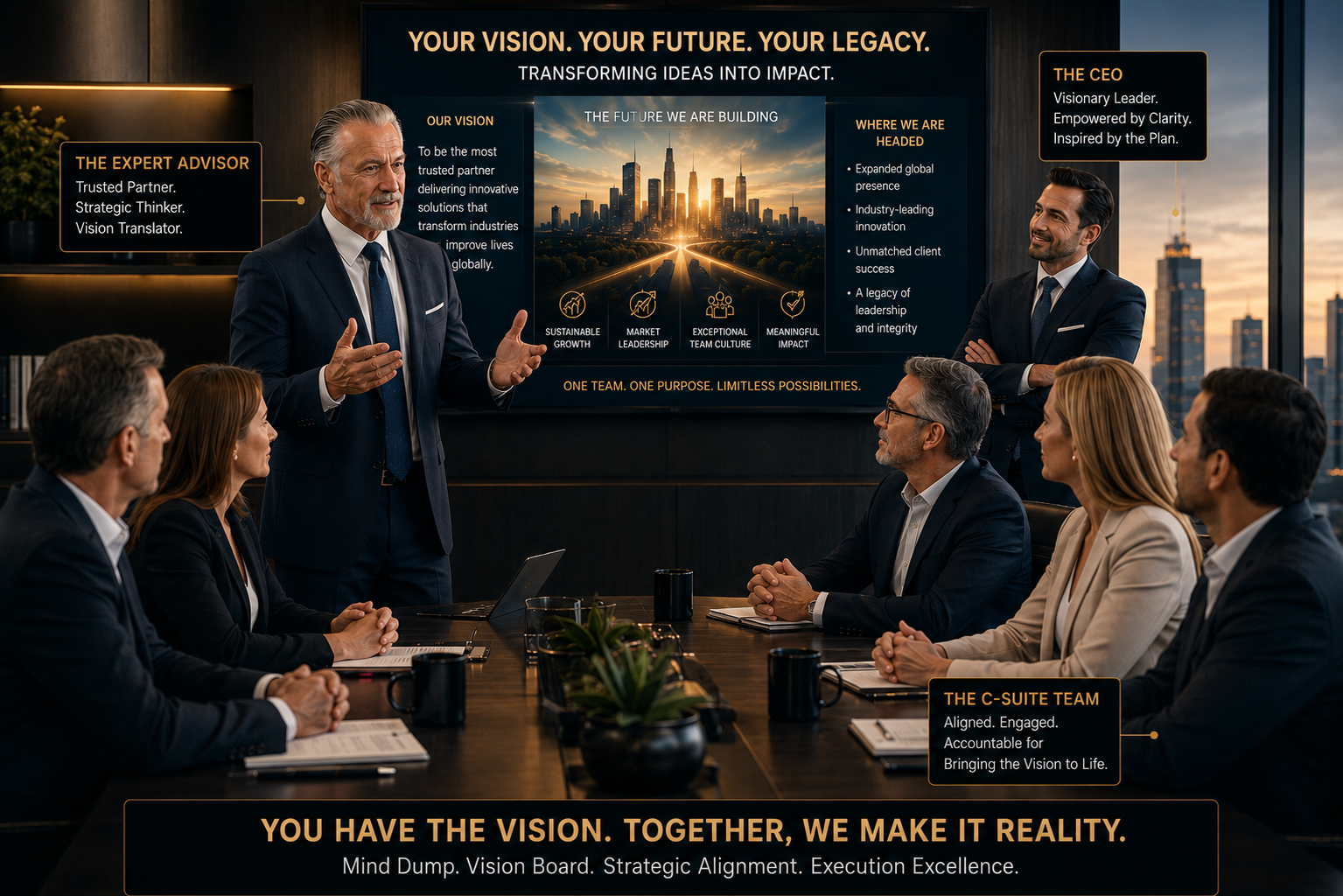 Your Vision. Your Future. Your Legacy. — Transforming Ideas Into Impact. One Team. One Purpose. Limitless Possibilities. C-Suite Alignment with the Mind Dump.