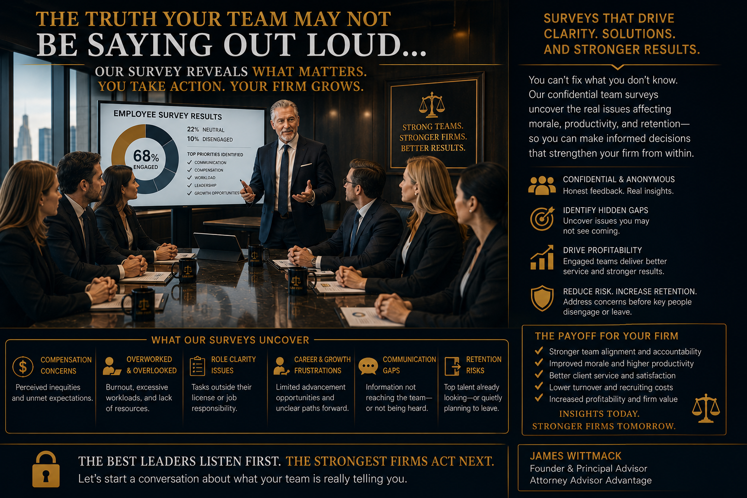 The Truth Your Team May Not Be Saying Out Loud — Employee surveys that drive clarity, solutions, and stronger results. Strong Teams. Stronger Firms. Better Results.