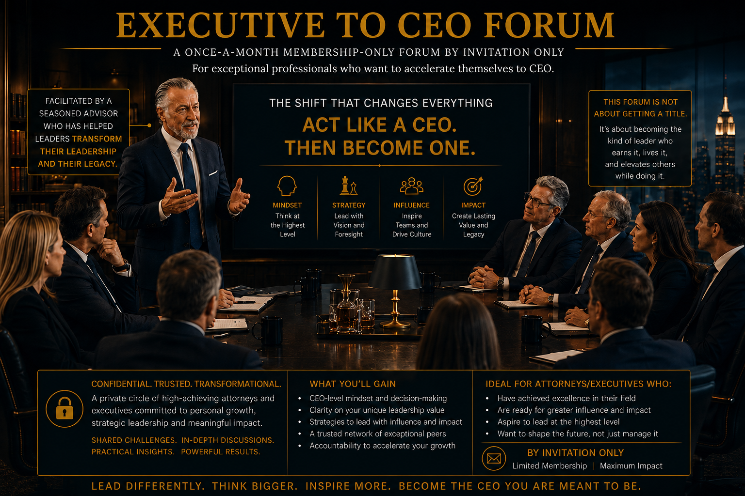 Executive to CEO Forum — A once-a-month membership-only forum by invitation only. Act Like a CEO. Then Become One.